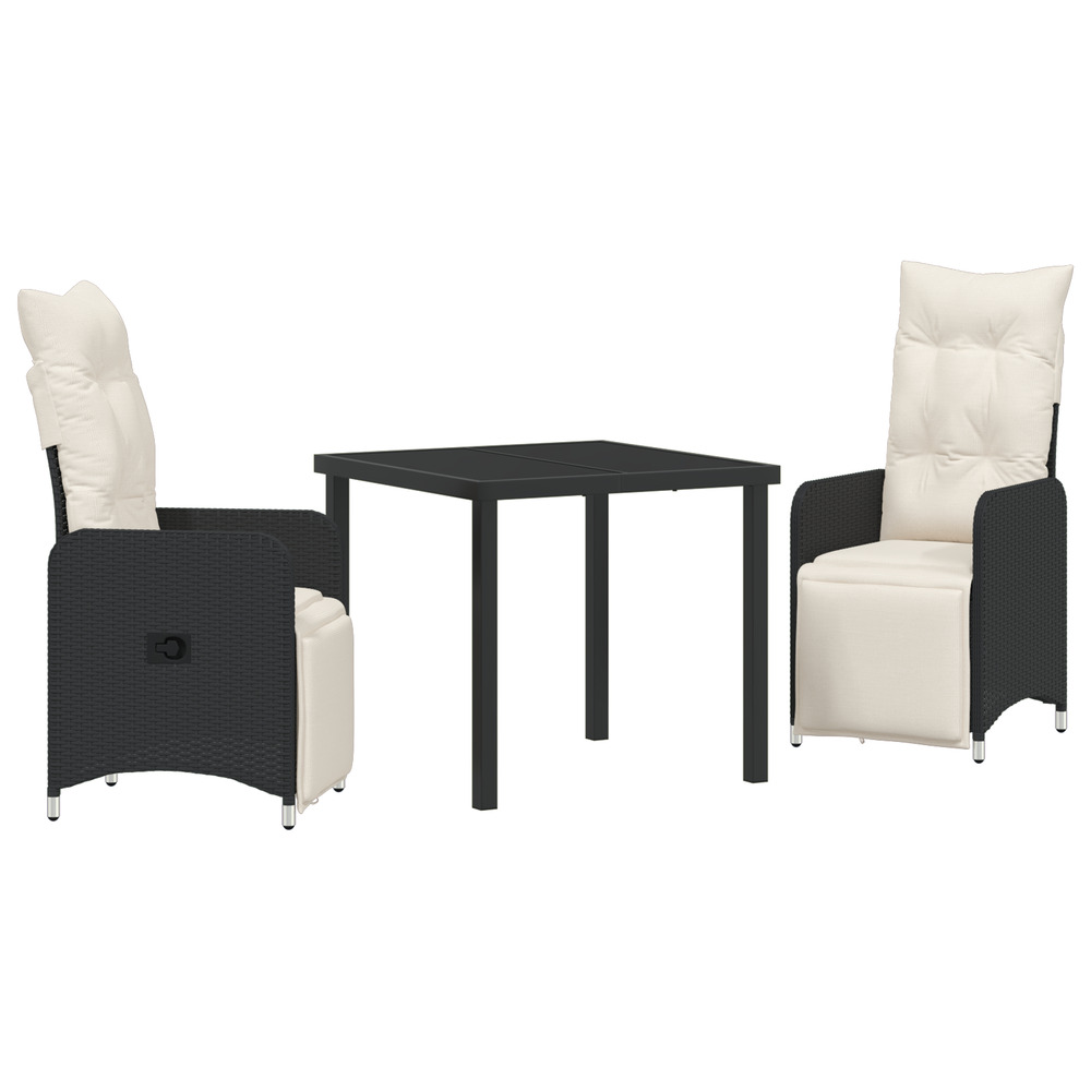 Set de table à manger de jardin 3 pièces avec coussins en poly rotin noir