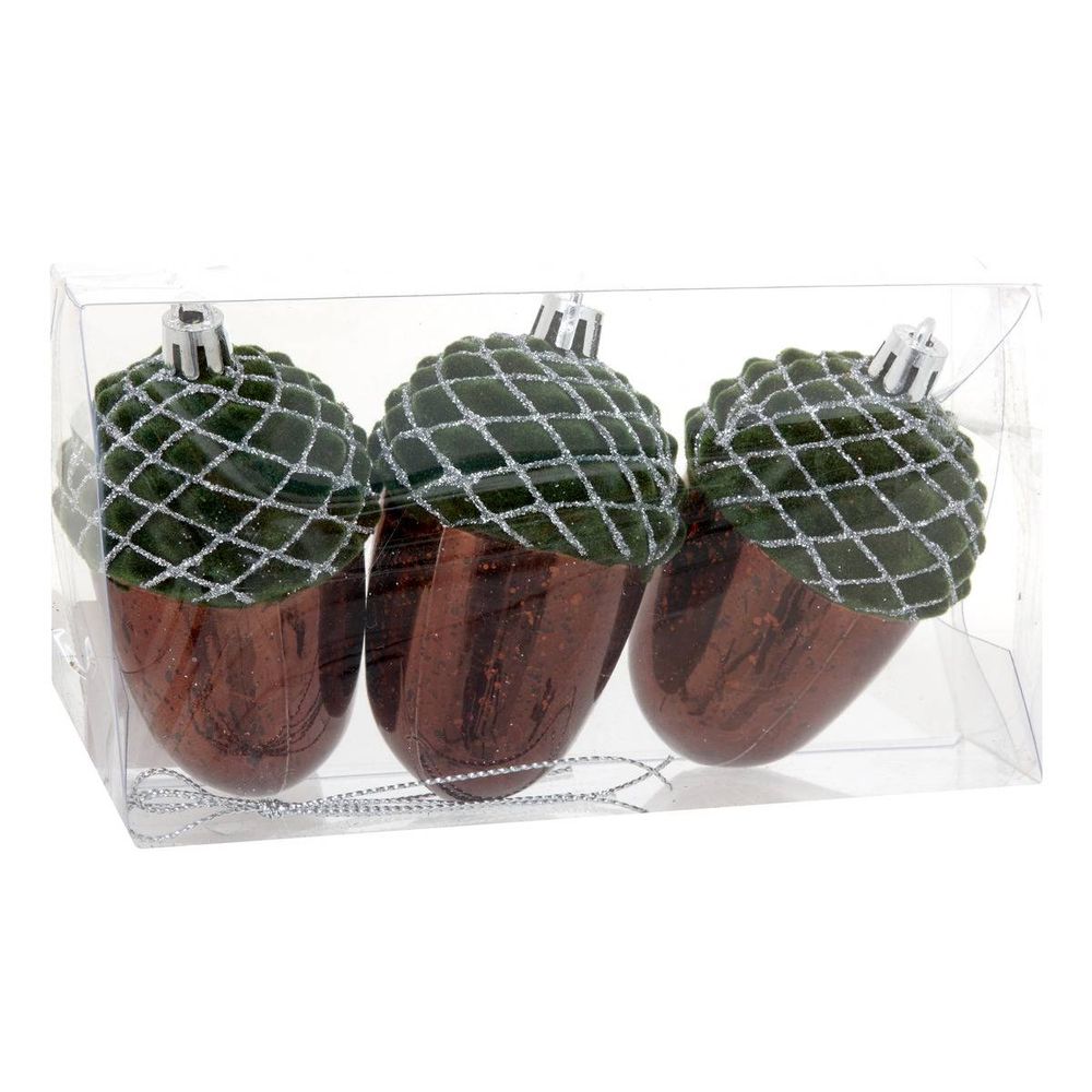 Lot de 3 suspensions de sapin pomme de pin en plastique vert et marron 8 cm
