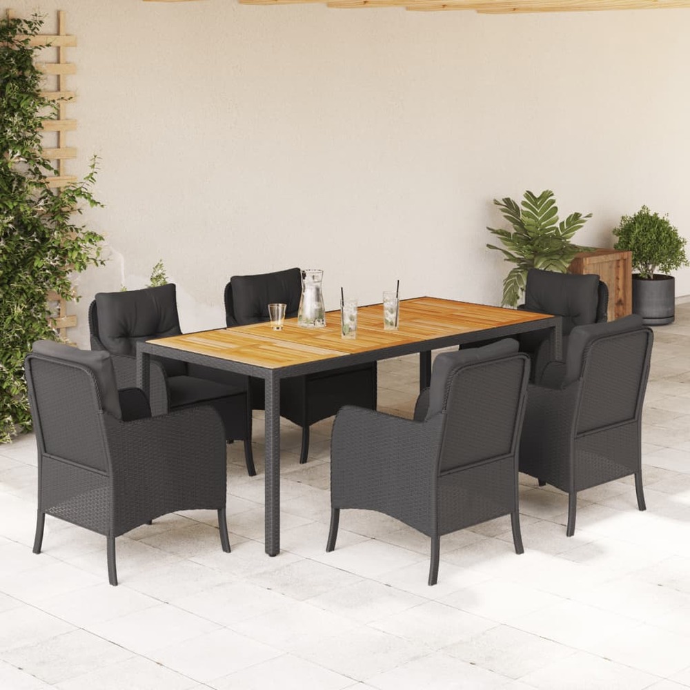 Ensemble à manger de jardin coussins 7pcs noir résine tressée