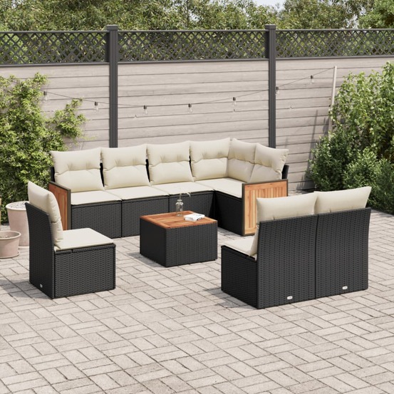 Salon de jardin 9 pcs avec coussins noir résine tressée