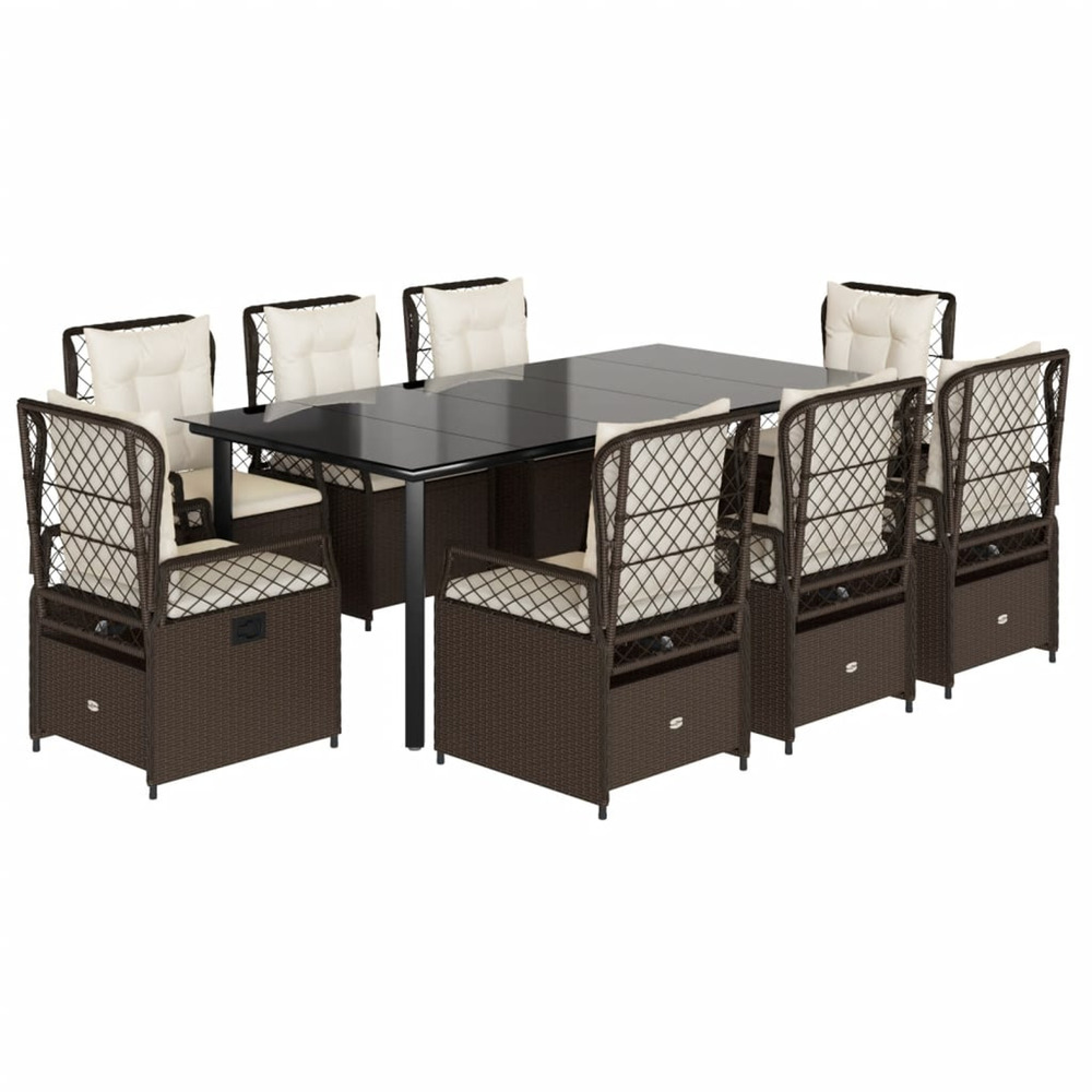 Ensemble à manger de jardin et coussins 9 pcs marron poly rotin