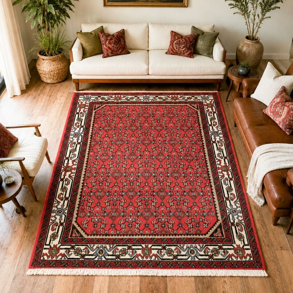 Tapis d'orient, 112 x 141 cm, rouge, crème et noir, noué main, hamadan 21