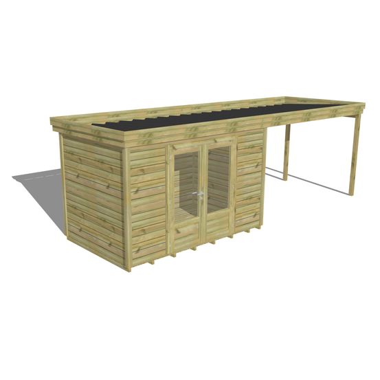 Abri de jardin bois 15 m² - pin autoclave 27 mm - 6,94 x 2,14 m - porte double vitrée, extension de toiture, plancher