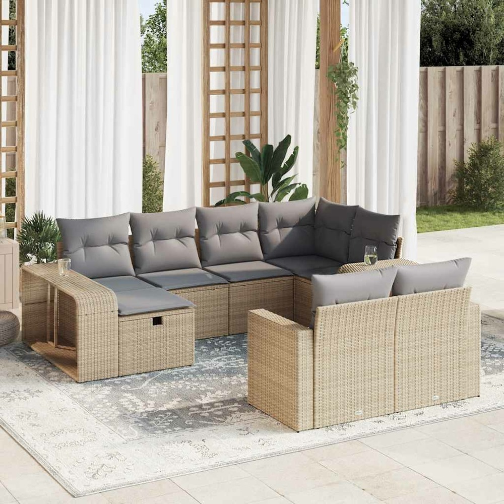 Salon de jardin avec coussins 10 pcs beige résine tressée
