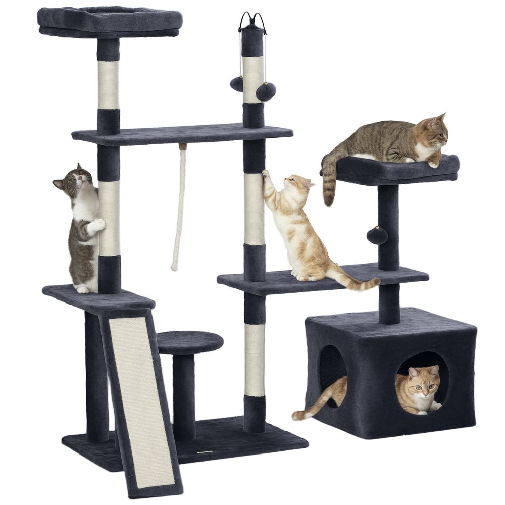 Tour pour chat 134 cm en bois et peluche centre d'activités avec niche et jouets gris foncé