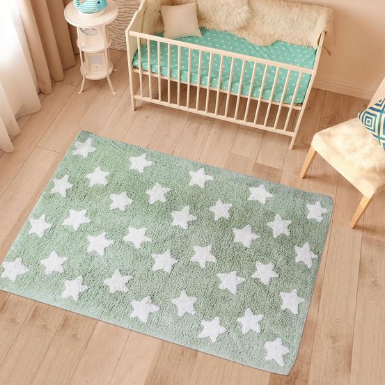 Tapis enfant 60x110 fait à la main en coton bio vert et blanc etoile