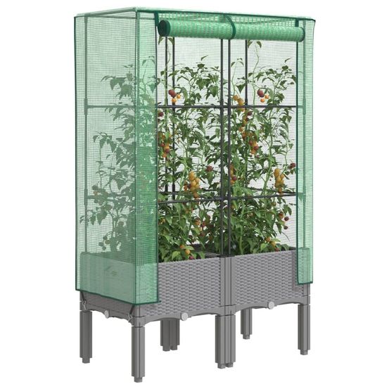 Jardinière haute avec serre de culture aspect rotin gris 80cm