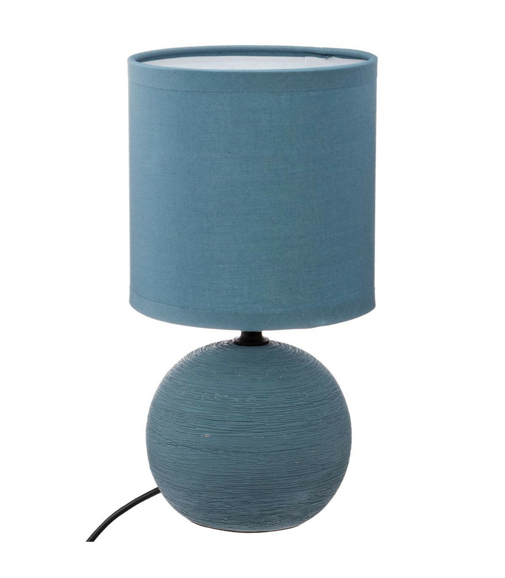 Lampe en céramique pied boule striée bleue