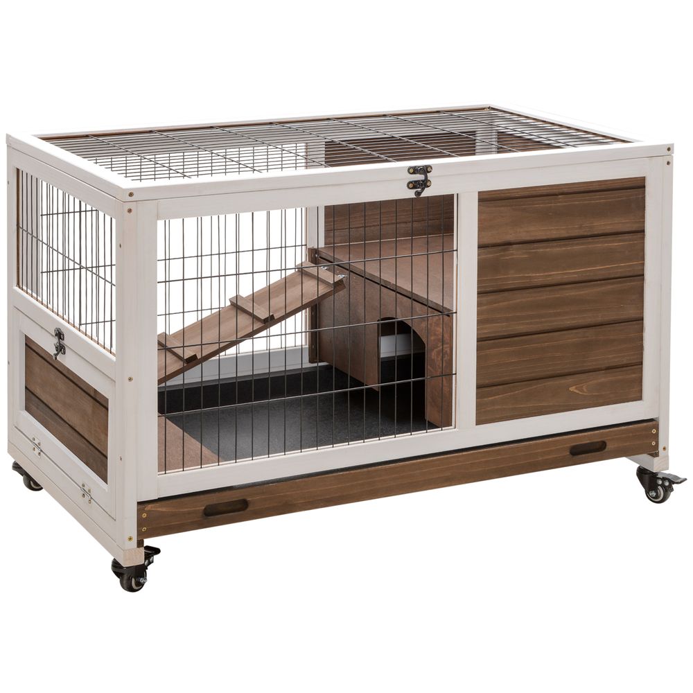 Clapier intérieur compact sur roulettes bois lapin toit ouvrant 90x53x59cm marron