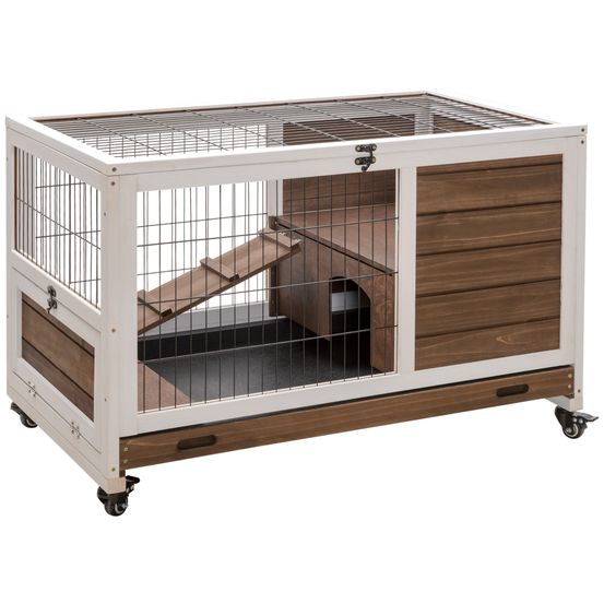 Clapier intérieur compact sur roulettes bois lapin toit ouvrant 90x53x59cm marron
