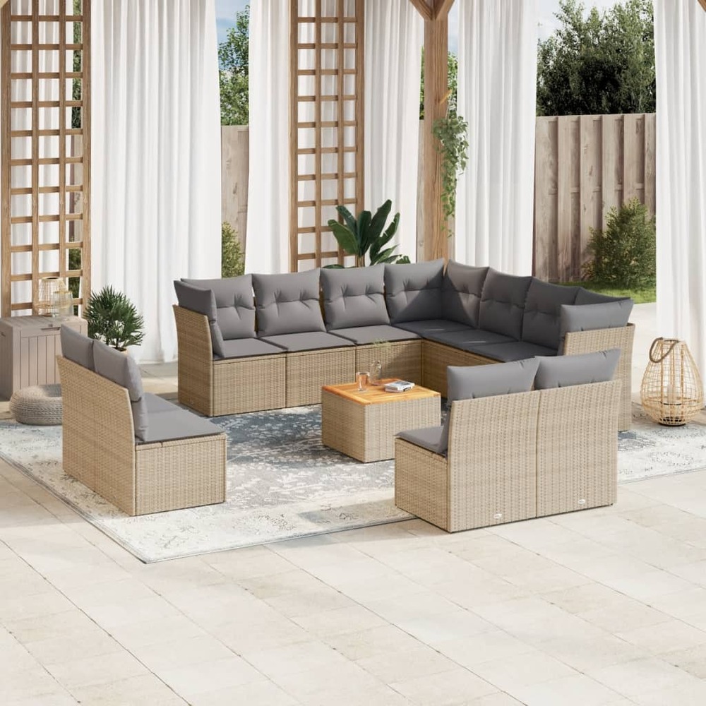 Salon de jardin avec coussins 12 pcs beige résine tressée