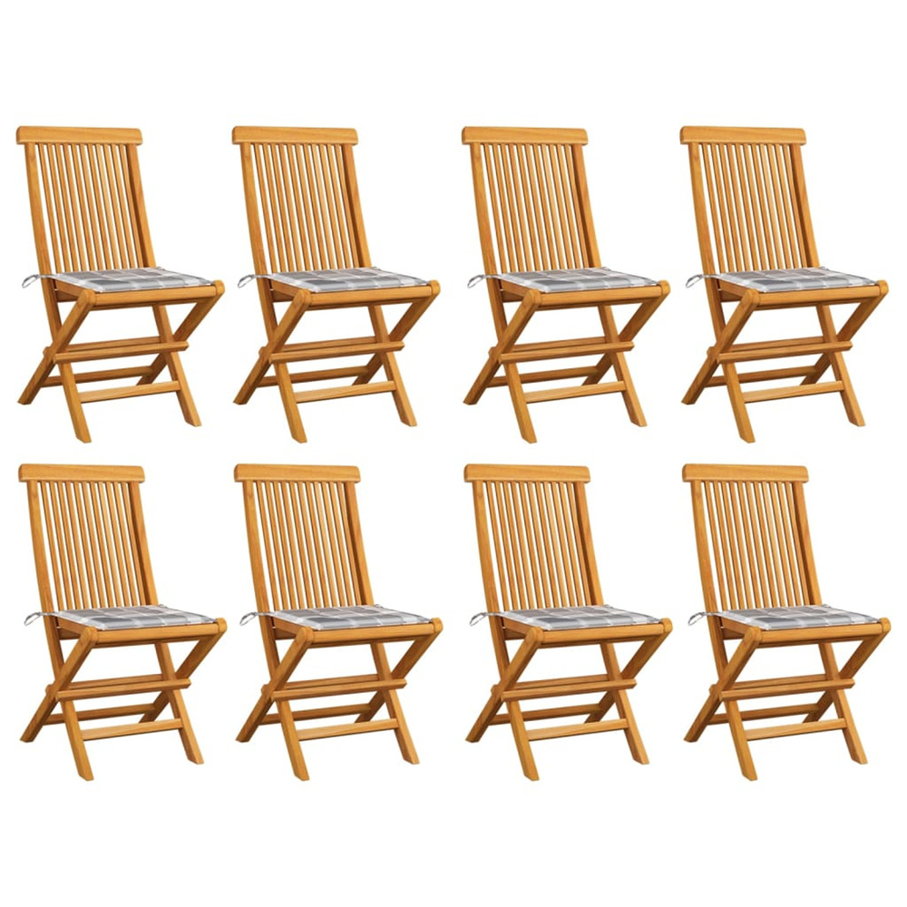Chaises de jardin et coussins à carreaux gris lot de 8 teck