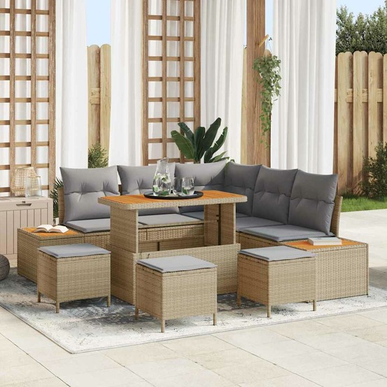 Ensemble de canapé de jardin 9 pcs beige polyrotin