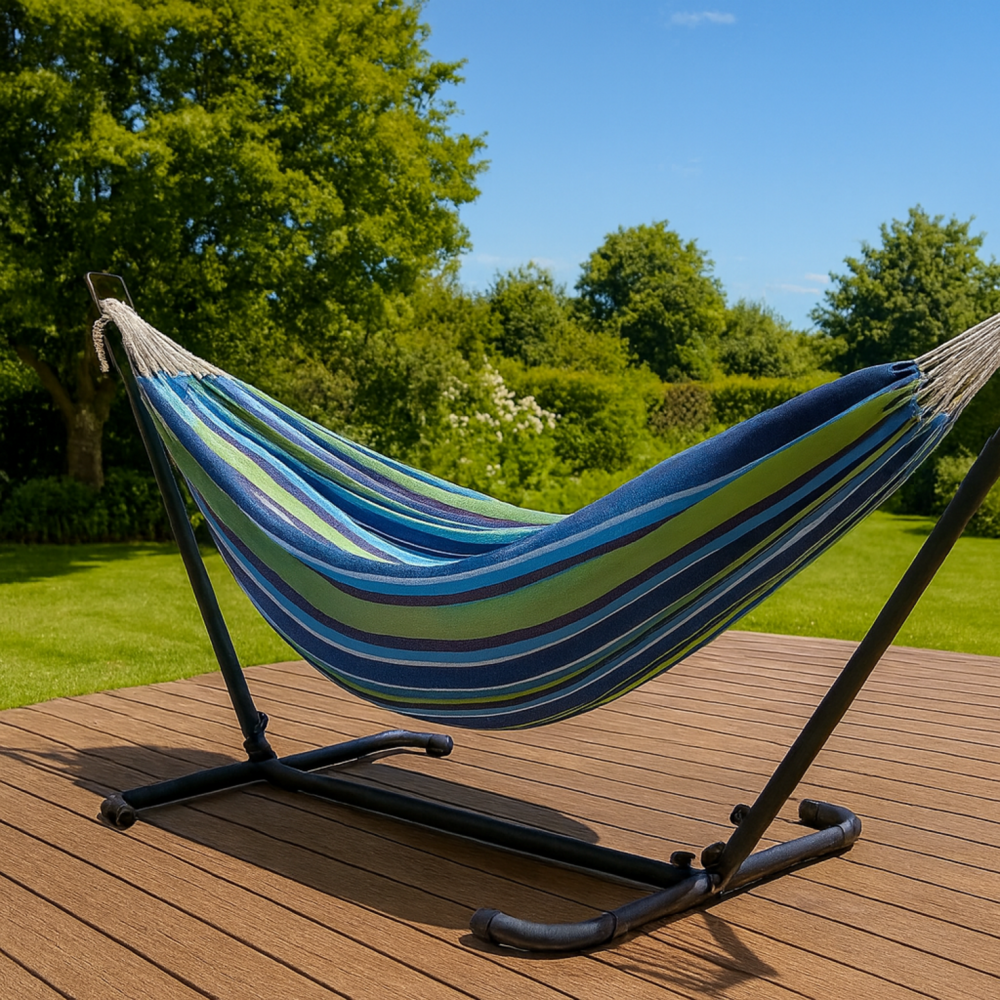 Hamac sur pied 2,6 m avec toile en polyester bleu et vert copacabana