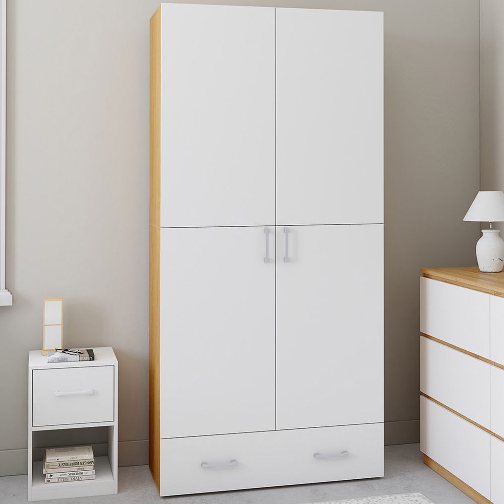 Armoire 2 portes juliana blanc et bois étagères 80 cm avec 1 tiroir