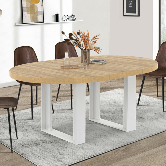 Table à manger extensible ronde phoenix 4-6 personnes bois et blanc 110-150 cm