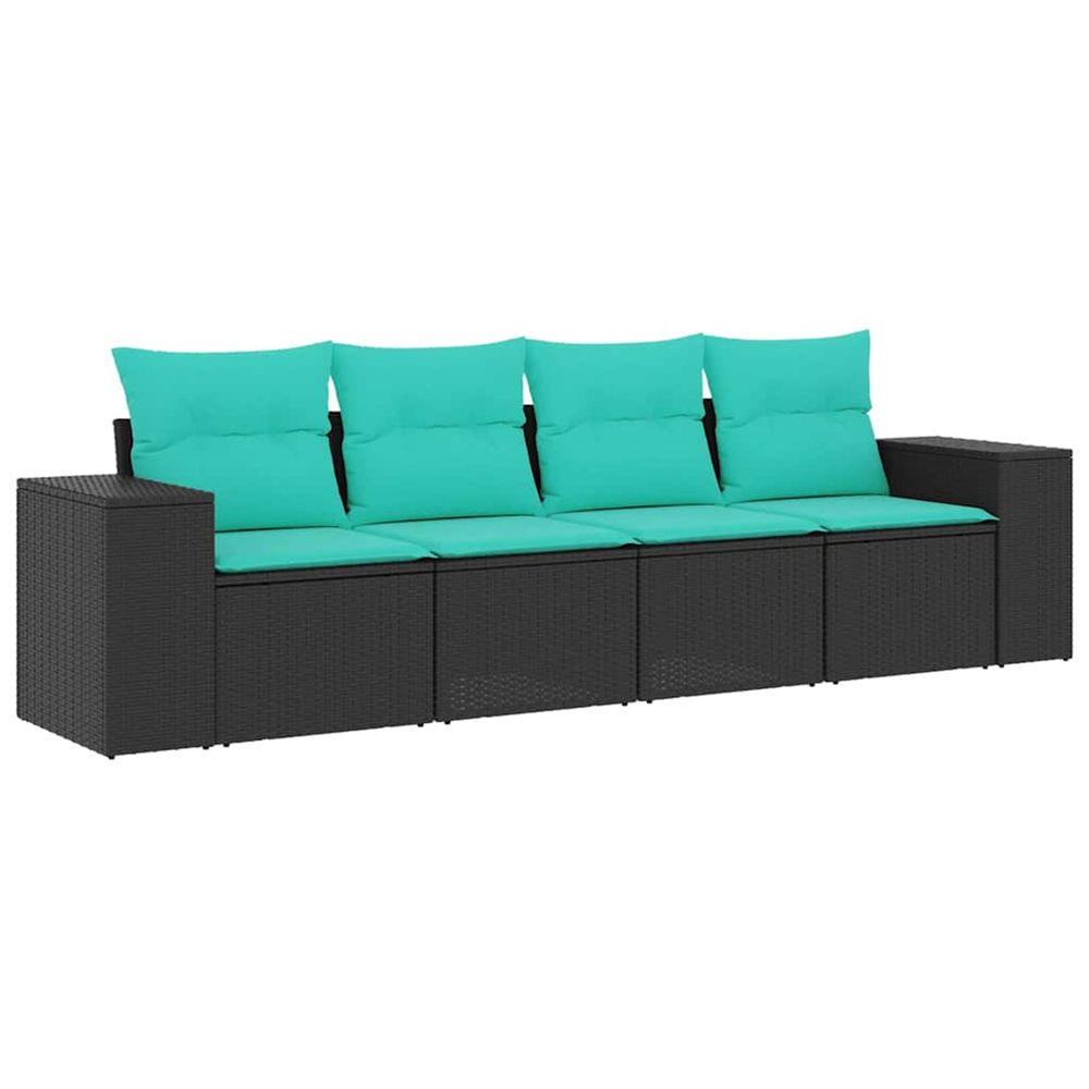 Salon de jardin 4 pcs avec coussins noir résine tressée