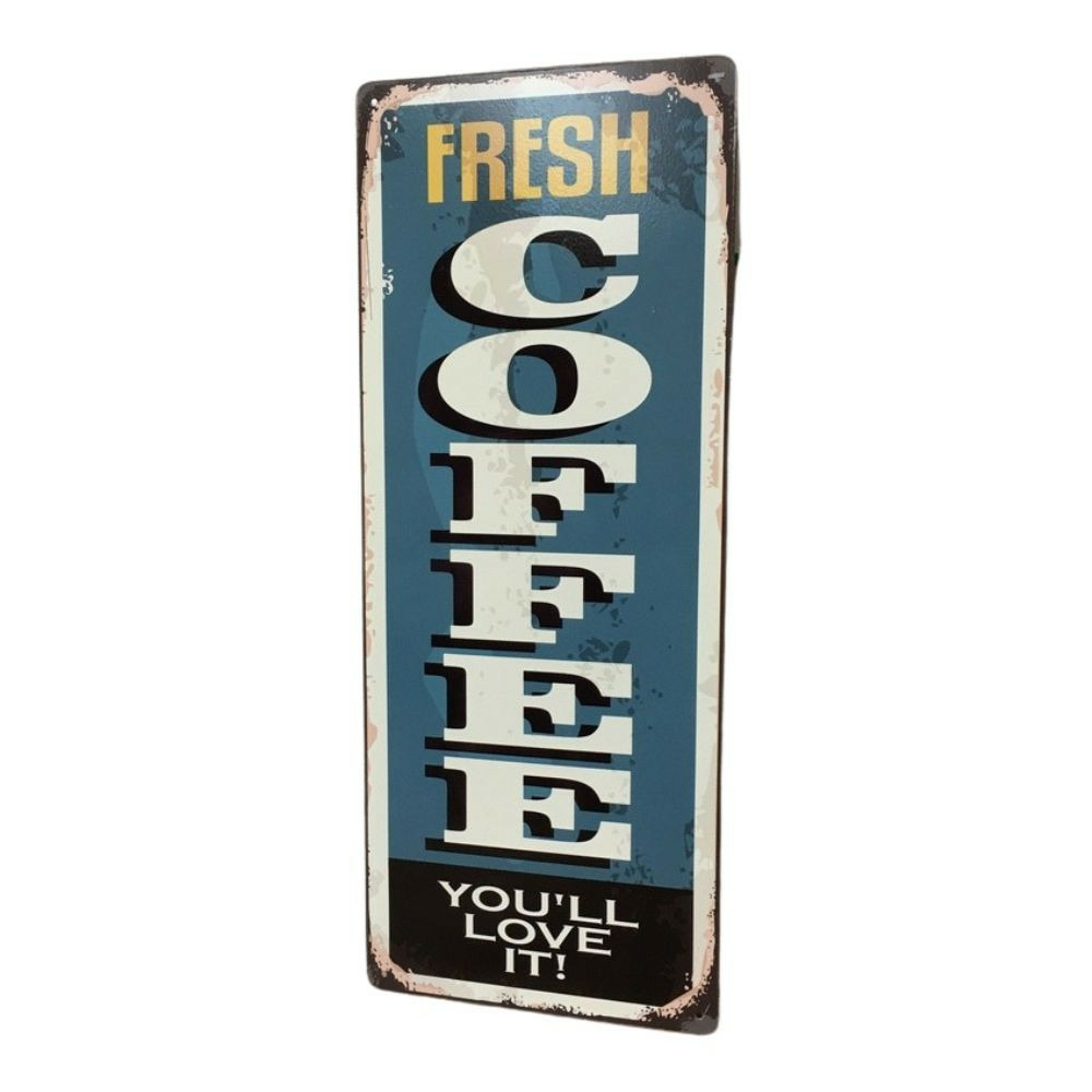 Plaque murale décorative vintage métal bleu fresh coffee 20x50cm
