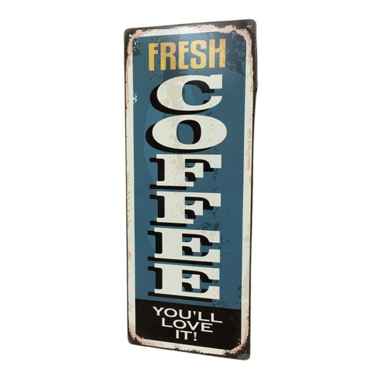 Plaque murale décorative vintage métal bleu fresh coffee 20x50cm