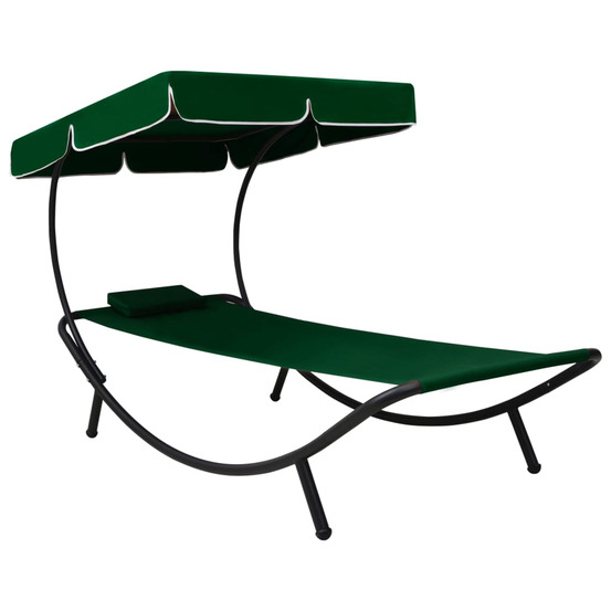 Chaise longue de jardin avec auvent et oreiller vert bain de soleil