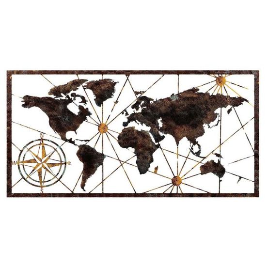 Décoration murale en bois et métal world map
