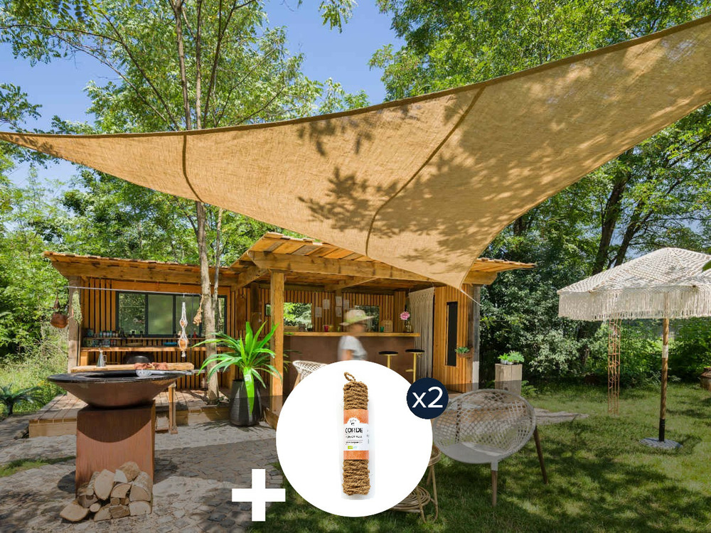 Voile d'ombrage naturelle jute triangulaire 3,60 m + 2 cordes fibre de coco 12 m