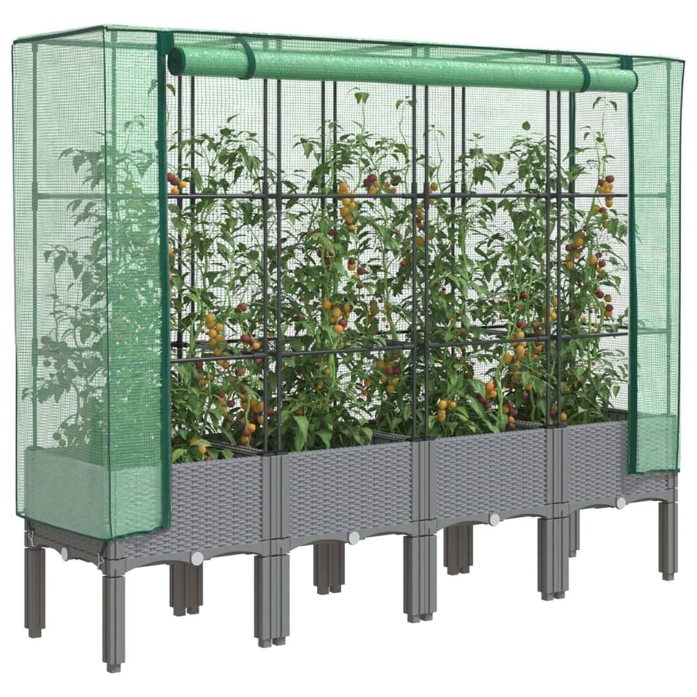 Très grande jardinière sur pieds 160cm aspect rotin avec serre de culture gris