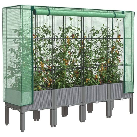 Très grande jardinière sur pieds 160cm aspect rotin avec serre de culture gris