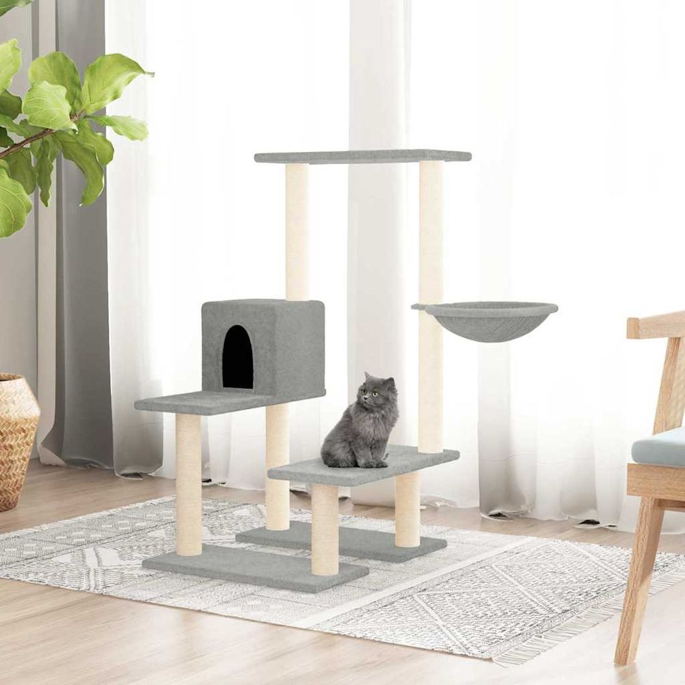 Arbre à chat design en sisal avec niche douillette et hamac suspendu gris clair 94,5 cm