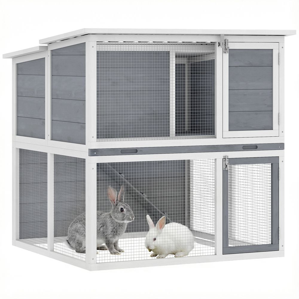 Clapier lapins 2 étages bois gris 98 x 95 x 102,5 cm extérieur toit étanche