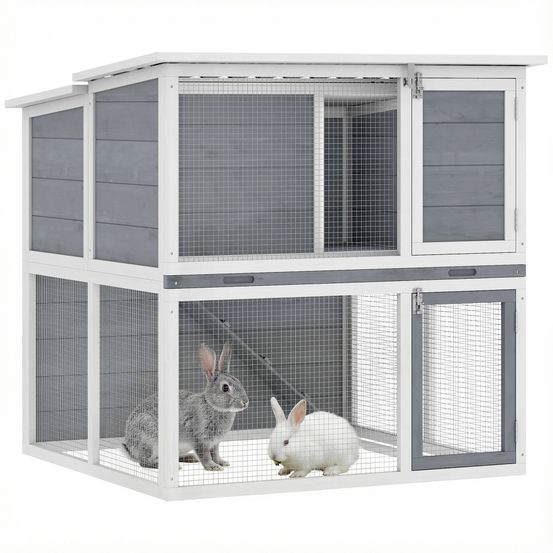 Clapier lapins 2 étages bois gris 98 x 95 x 102,5 cm extérieur toit étanche