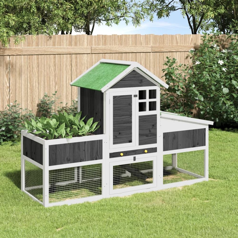 Clapier à 2 étages en bois de pin avec enclos pour jardin gris