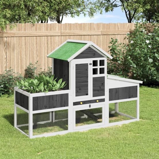 Clapier à 2 étages en bois de pin avec enclos pour jardin gris