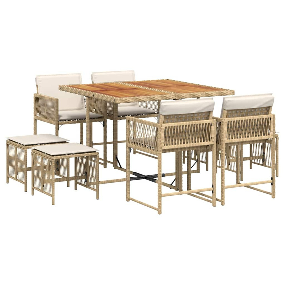 Ensemble à manger de jardin et coussins 9 pcs beige poly rotin
