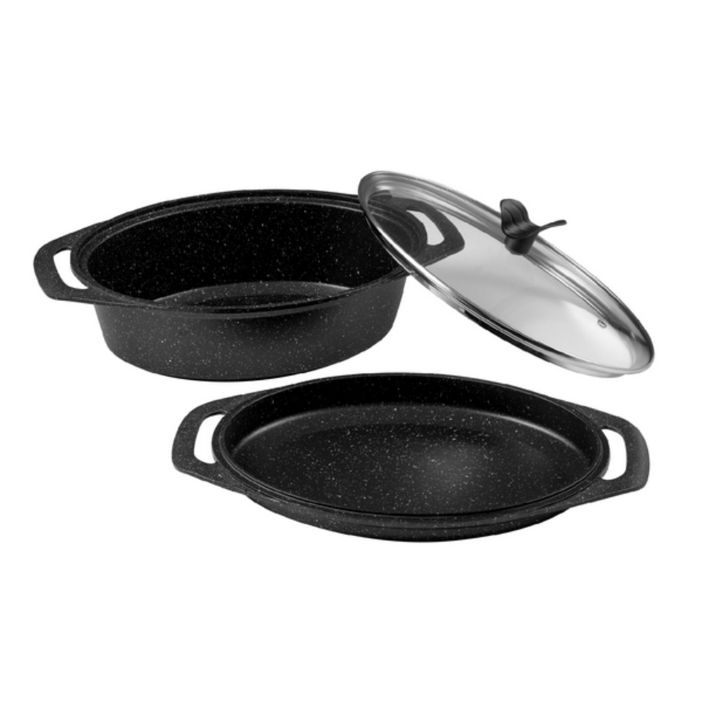 Marmite ovale 3 pièces premium 33 x 25 cm fonte d'aluminium avec couvercle en verre - pradel