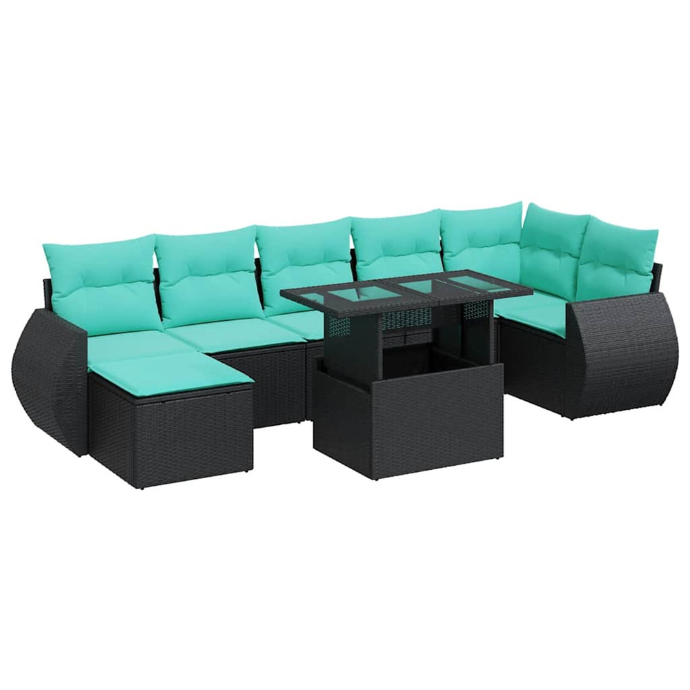 Salon de jardin avec coussins 8 pcs noir résine tressée acacia
