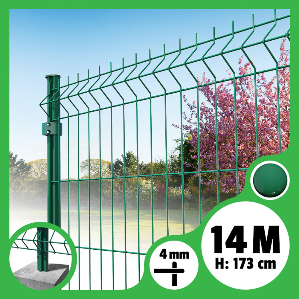 Kit grillage rigide poteaux ronds - longueur 14 mètres - 173 cm, vert, a sceller