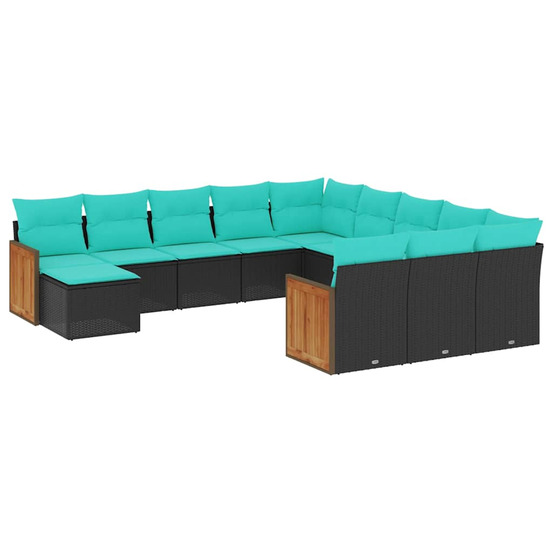 Salon de jardin avec coussins 12 pcs noir résine tressée