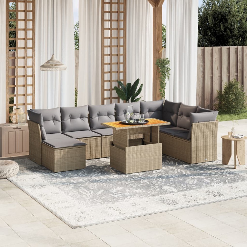 Salon de jardin avec coussins 9 pcs beige résine tressée