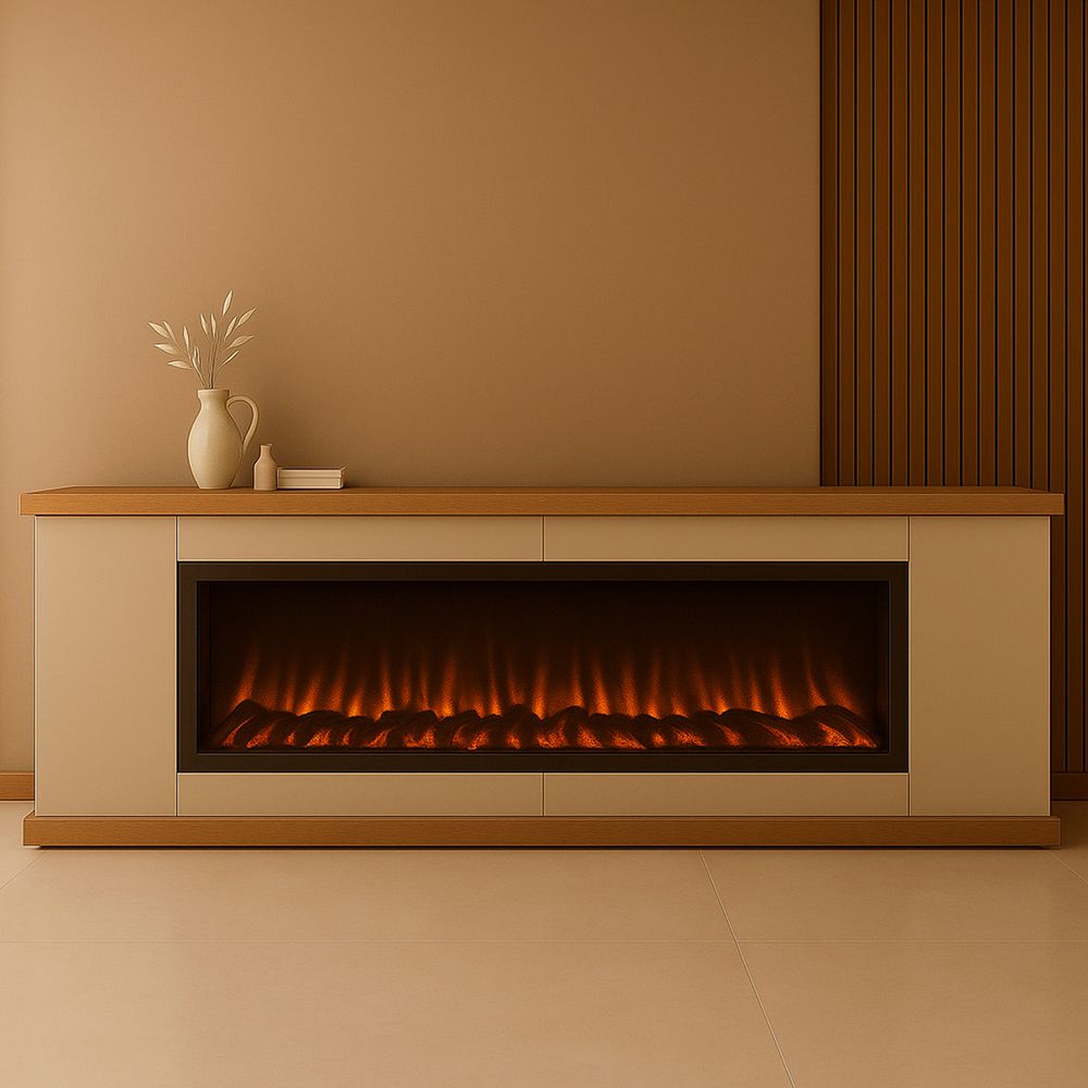 Meuble en bois sian grey et chêne avec cheminee electrique 1500w telecommande