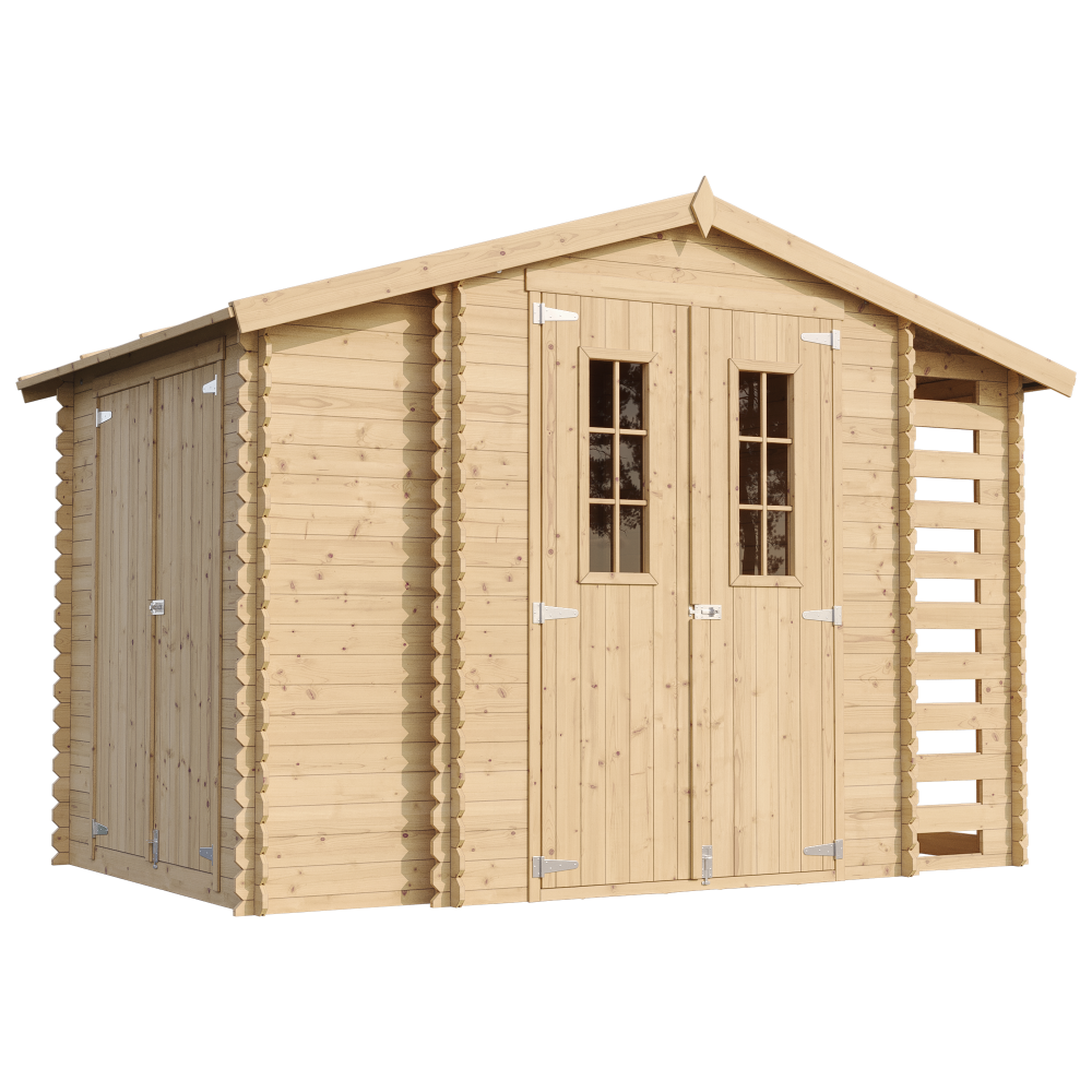 Abri de jardin en bois et range bûches extérieur avec sol traité - i206xl328xh218 cm/ 3,53 + 0,97+0,97 m2 - timbela m389c+m389g