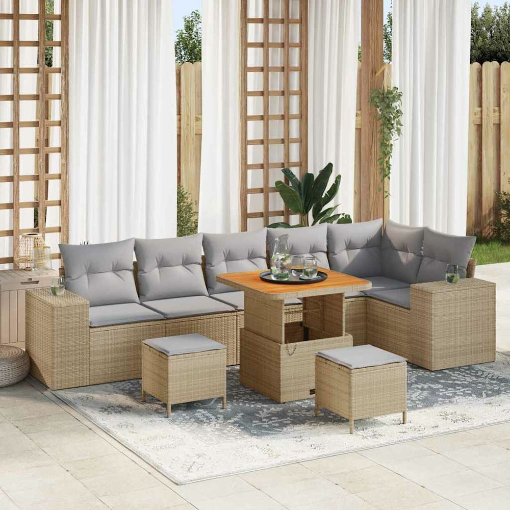 Ensemble de canapé de jardin avec coussin 9 pcs beige polyrotin