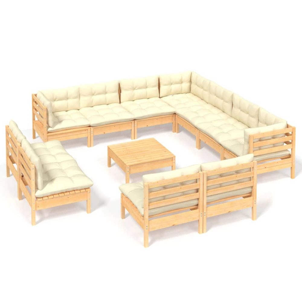 Salon de jardin 12 pcs avec coussins crème bois de pin massif