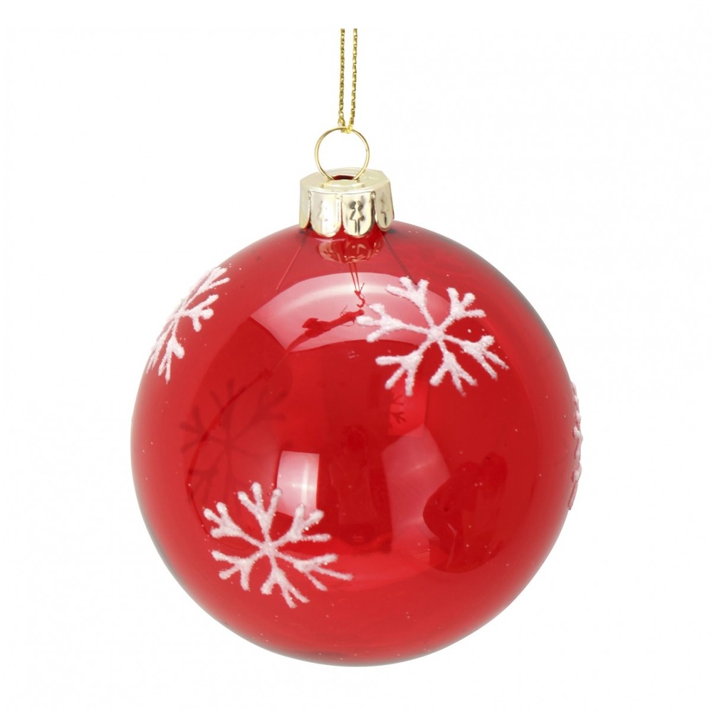 Boule de noël en verre rouge avec flocons