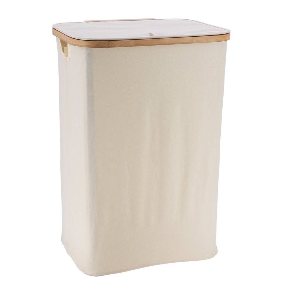 Panière à linge rectangulaire pliable à couvercle en polyester cerclage bambou naturel