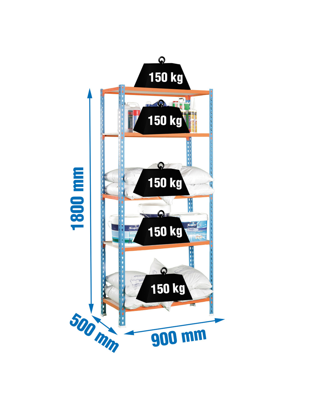 Etagère légère sans vis maderclick 5/500 bleu/orang/bois bleu/orange/bois 1800x900x500 - simonrack