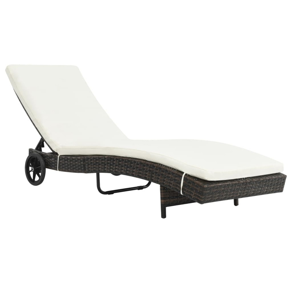 Chaise longue avec roues et coussin résine tressée marron bain de soleil