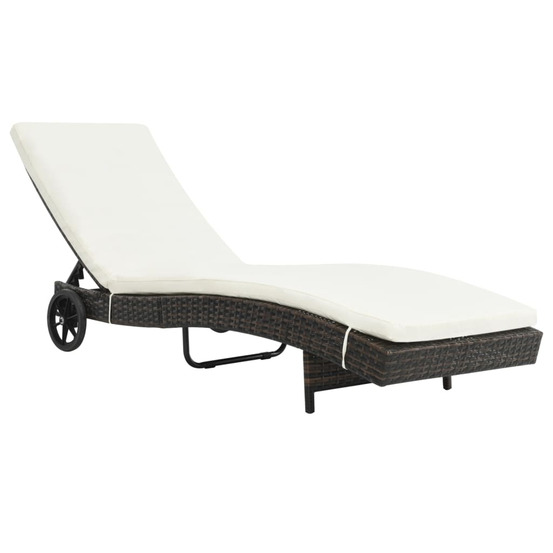 Chaise longue avec roues et coussin résine tressée marron bain de soleil