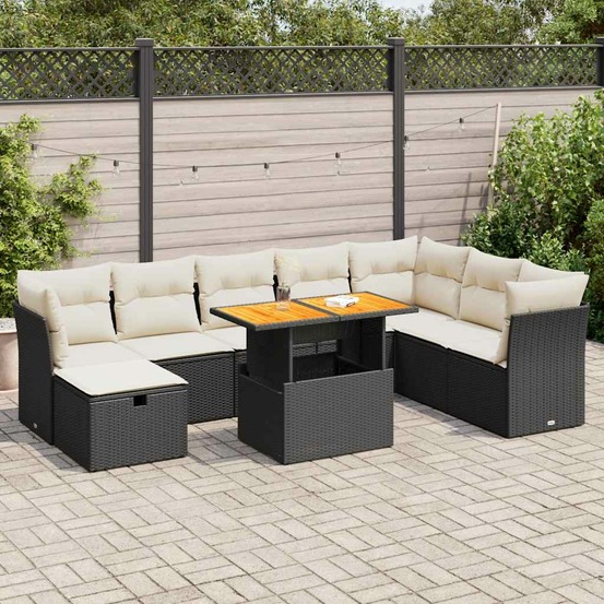 Salon de jardin avec coussins 9 pcs noir résine tressée acacia