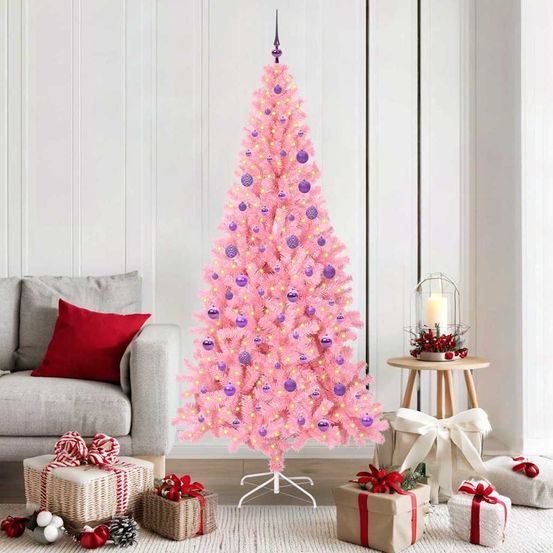 Sapin de noël rose 180 cm facile à monter, kit tout inclus avec guirlande led